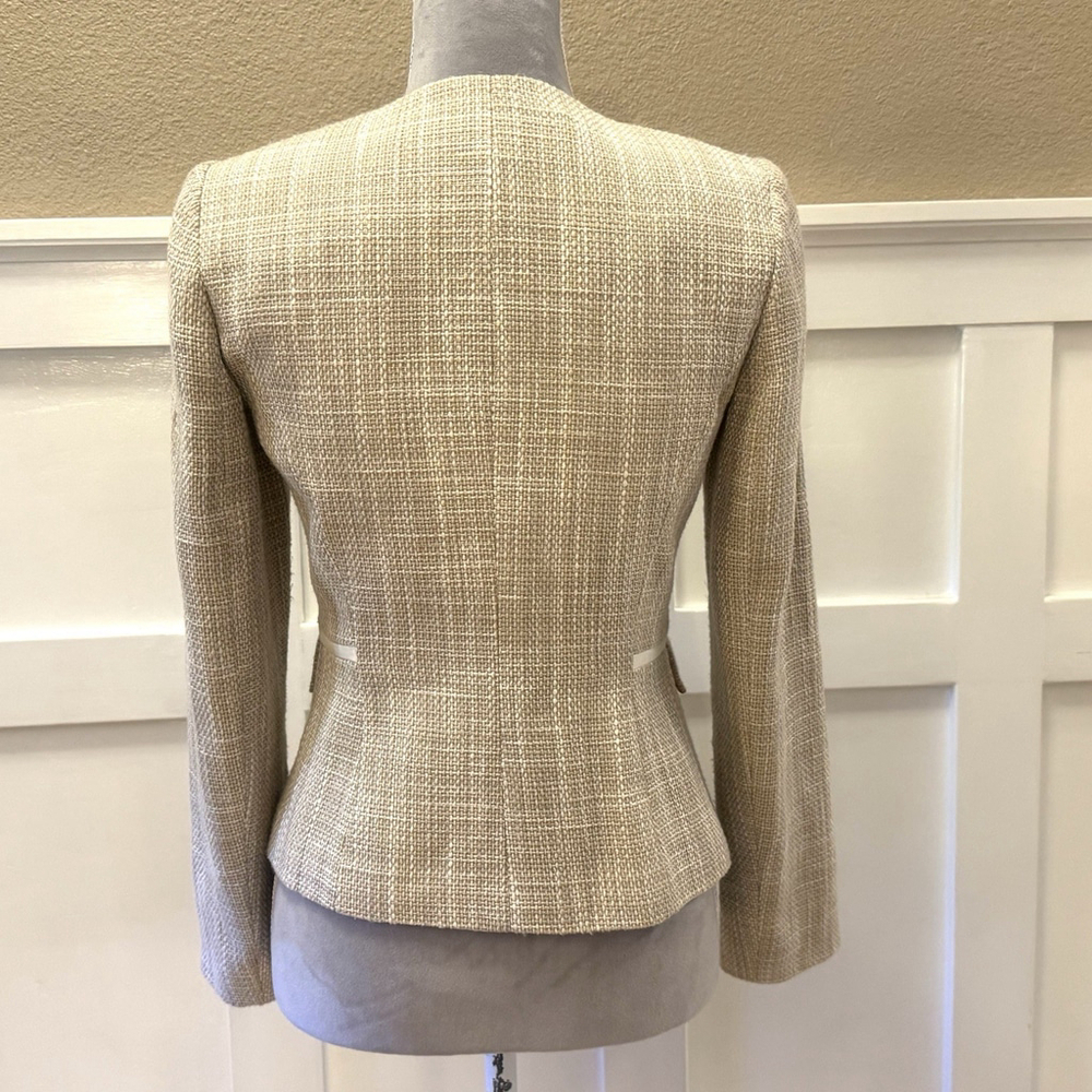 Calvin Klein Cotton Blend Tweed Blazer Jacket Size:4P Ivory Zip up Lined Pockets - Picture 4 of 14